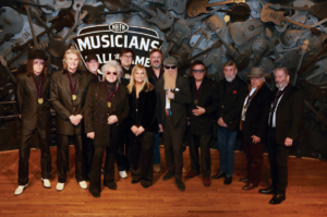  2022 Musicians Hall of Fame Inductees (L-R): Kenny Vaughan, Harry Stinson, Mick Conley, (The Fabulous Superlatives), Marty Stuart, Chris Scruggs (The Fabulous Superlatives), Linda Chambers, CEO/Co-Founder Musicians Hall of Fame & Museum, Vince Gill, Billy F Gibbons, Don McLean, Ray Stevens, producer James William Guercio, and engineer George Massenburg. Photo Credit: Royce DeGrie, Musicians Hall of Fame & Museum